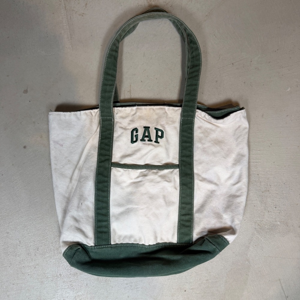 GAP Canvas Tote Bag Cream Green Embroidered Large Shoulder Bag Vintage Style